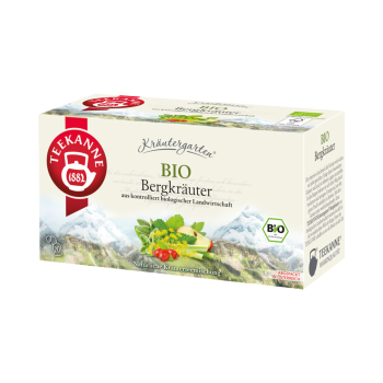 Teekanne Kräutergarten Bio Bergkräuter, 20 Teebeutel im Kuvert, 36g Produktbild, Vorderseite der Verpackung